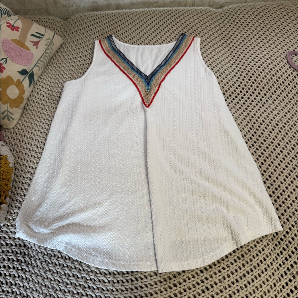 5 for 25$ White Sleeveless V-Neck Tank with Colorful embroidered Trim
